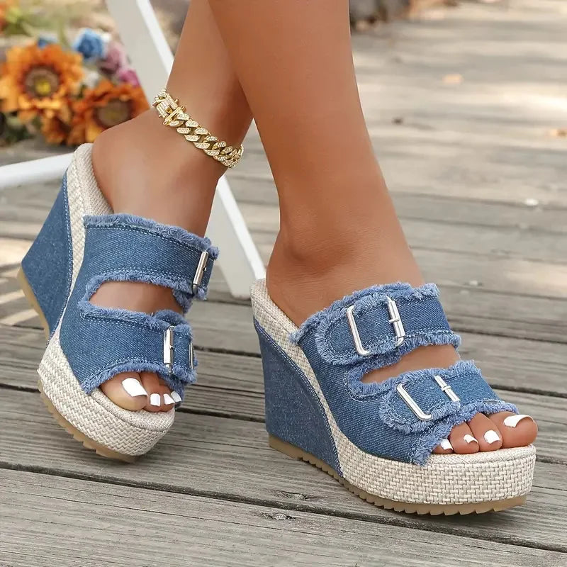 Elara Denim Wedge Sandals