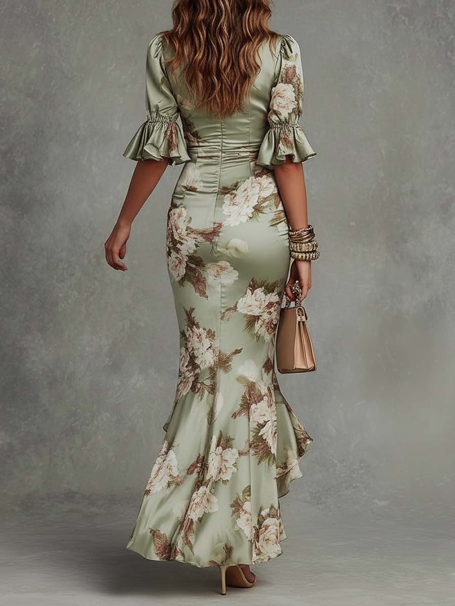 Green Floral Ruffled Bell Sleeve V-neck Satin Asymmetrical Maxi Dress