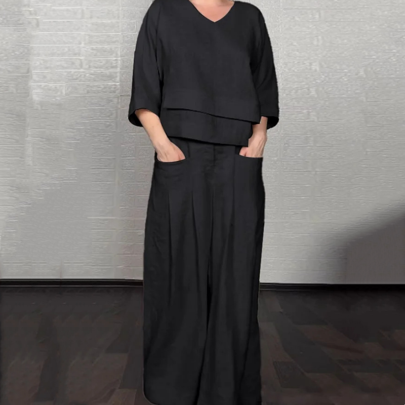Liza | 2-piece cotton-linen set – V-neck top and wide-leg trousers • S1