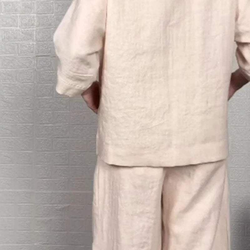 Liza | 2-piece cotton-linen set – V-neck top and wide-leg trousers • S1